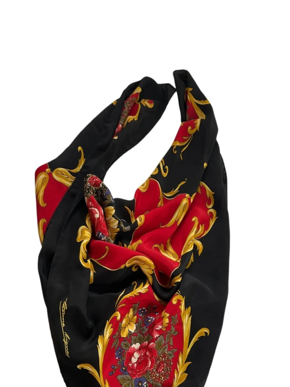 Etienne Aigner 100% silk red gold 100% silk baroque bouquet flowers scarf 34
